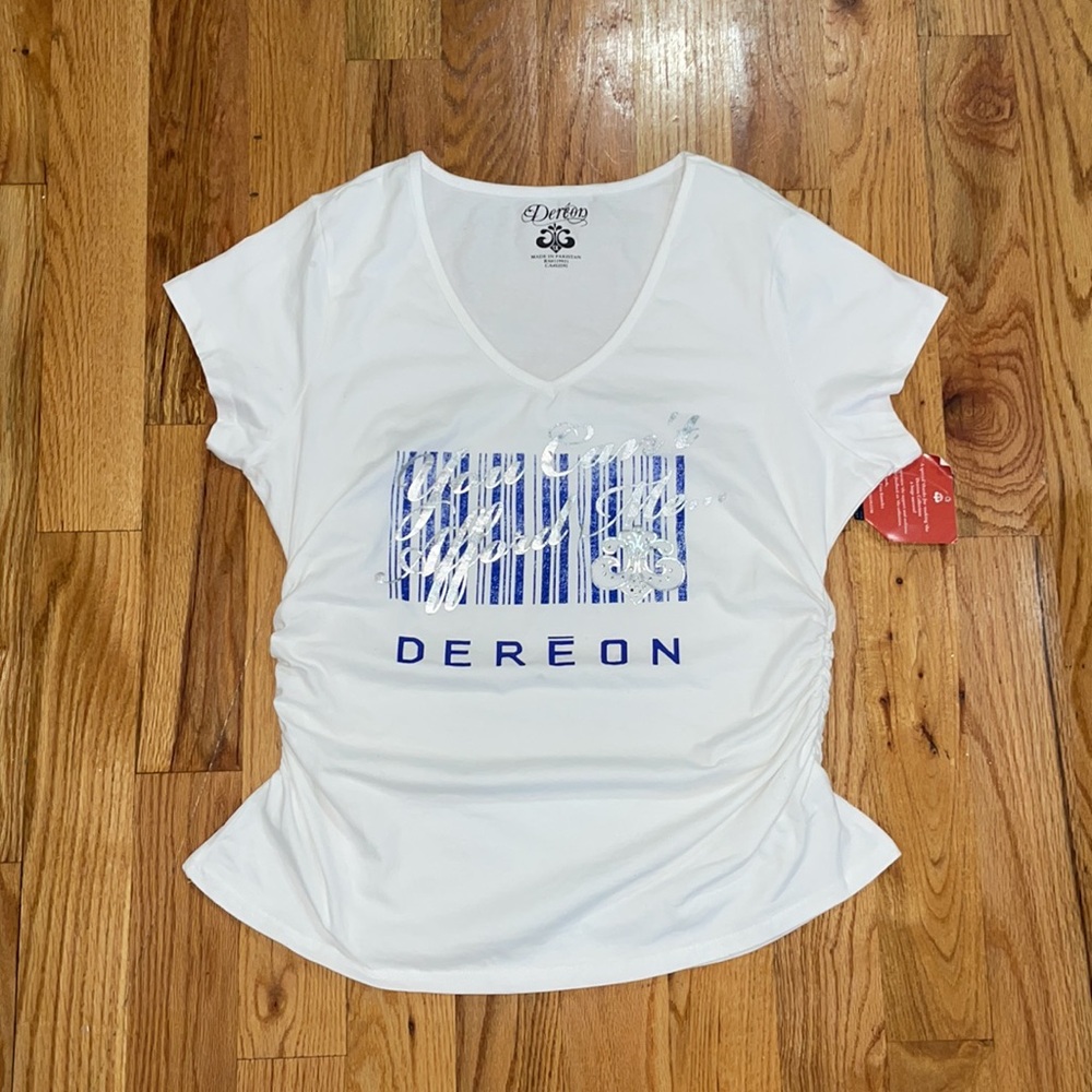 NEW Dereon Blue Silver Can't Afford Me  Logo White Tee shirt 1X 14 16 PLUS SIZE